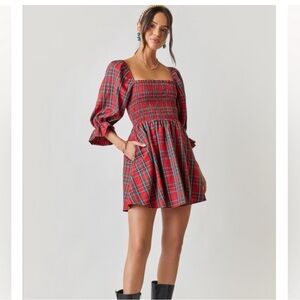 Francesca’s plaid puff sleeve dress